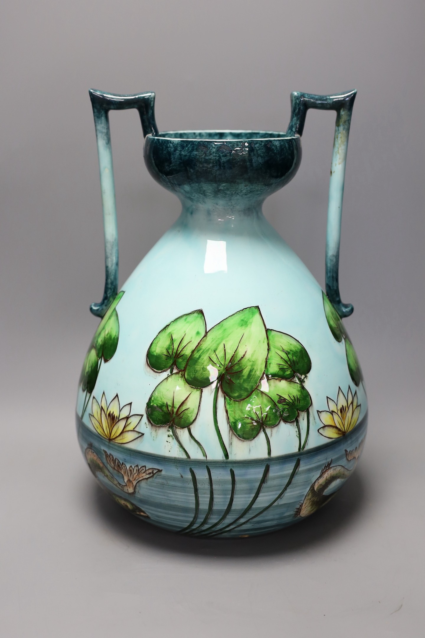 A Julius Dressler two handle ‘lily pond’ pottery vase, 36cm high